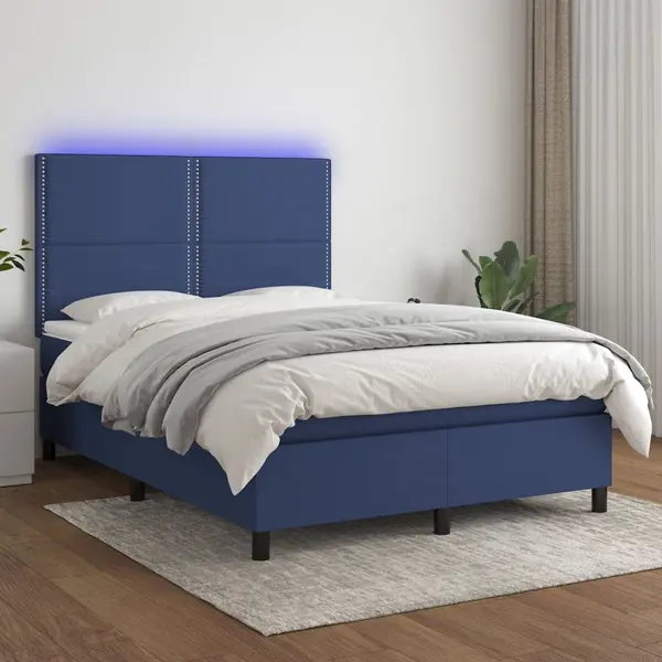 Gossi pat cu arcuri, saltea si led, albastru, 140x190 cm, textil