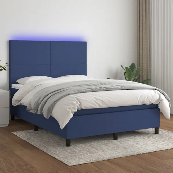 Gossi pat cu arcuri, saltea si led, albastru, 140x200 cm, textil