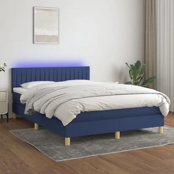 Gossi pat cu arcuri, saltea si led, albastru, 140x200 cm, textil
