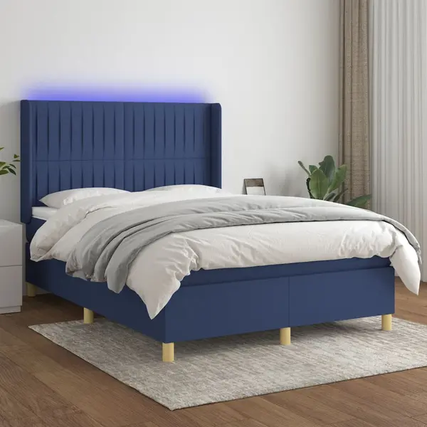 Gossi pat cu arcuri, saltea si led, albastru, 140x200 cm, textil
