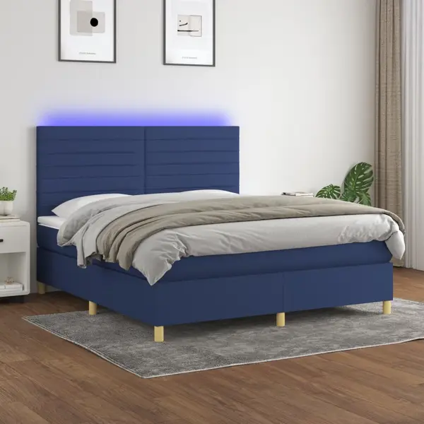 Gossi pat cu arcuri, saltea si led, albastru, 160x200 cm, textil