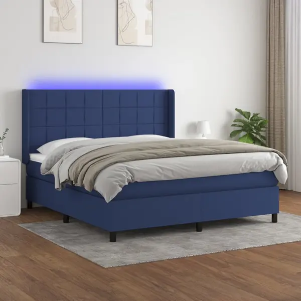 Gossi pat cu arcuri, saltea si led, albastru, 160x200 cm, textil