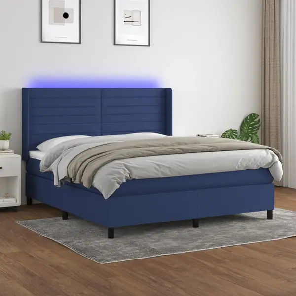 Gossi pat cu arcuri, saltea si led, albastru, 160x200 cm, textil