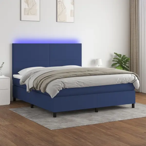 Gossi pat cu arcuri, saltea si led, albastru, 180x200 cm, textil