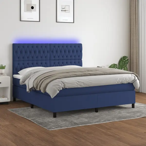 Gossi pat cu arcuri, saltea si led, albastru, 180x200 cm, textil