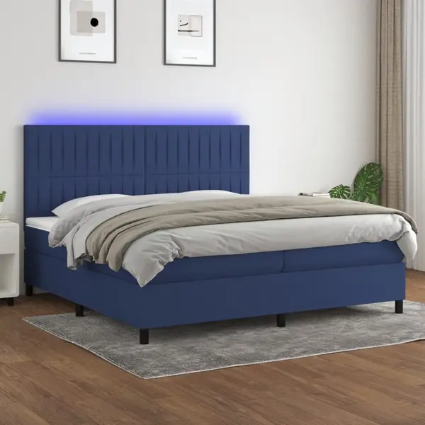 Gossi pat cu arcuri, saltea si led, albastru, 200x200 cm, textil