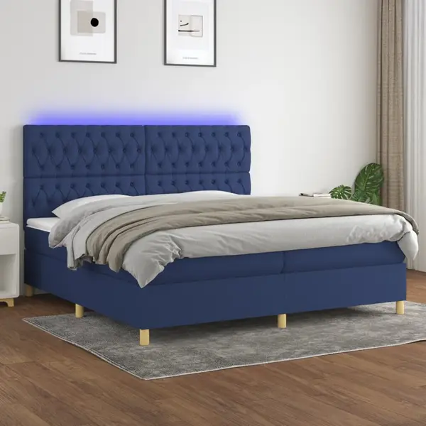 Gossi pat cu arcuri, saltea si led, albastru, 200x200 cm, textil