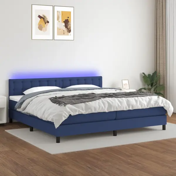 Gossi pat cu arcuri, saltea si led, albastru, 200x200 cm, textil