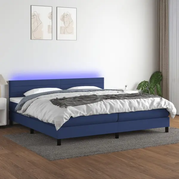 Gossi pat cu arcuri, saltea si led, albastru, 200x200 cm, textil
