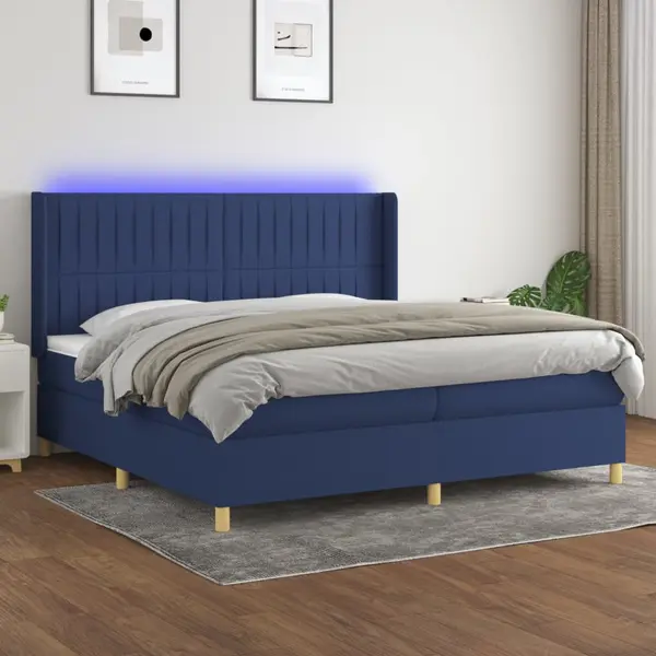 Gossi pat cu arcuri, saltea si led, albastru, 200x200 cm, textil