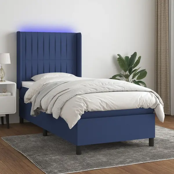 Gossi pat cu arcuri, saltea si led, albastru, 80x200 cm, textil