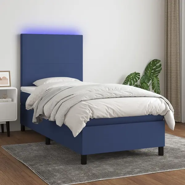 Gossi pat cu arcuri, saltea si led, albastru, 80x200 cm, textil