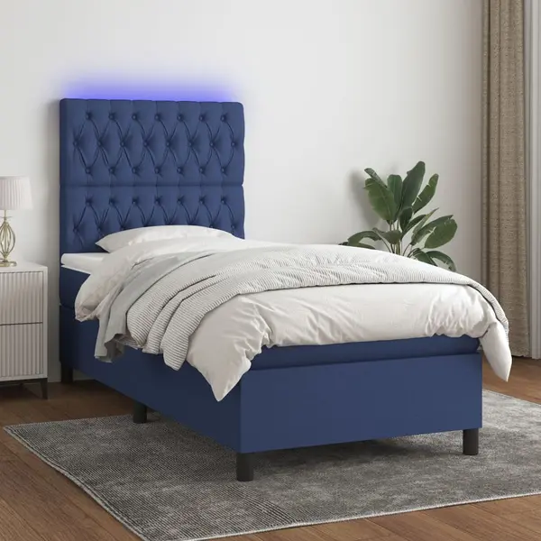 Gossi pat cu arcuri, saltea si led, albastru, 90x200 cm, textil
