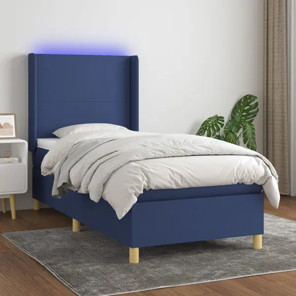 Gossi pat cu arcuri, saltea si led, albastru, 90x200 cm, textil