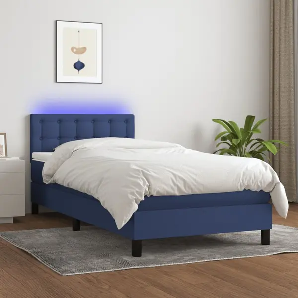 Gossi pat cu arcuri, saltea si led, albastru, 90x200 cm, textil