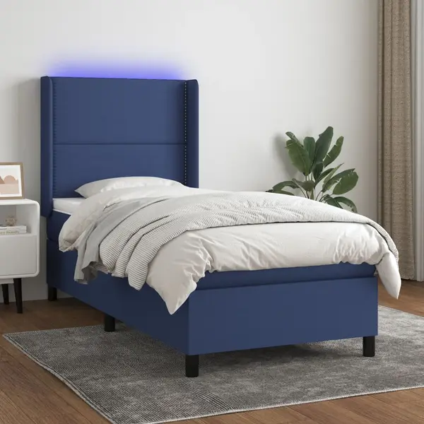 Gossi pat cu arcuri, saltea si led, albastru, 90x200 cm, textil