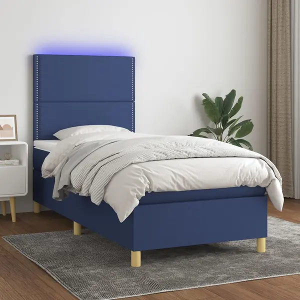 Gossi pat cu arcuri, saltea si led, albastru, 90x200 cm, textil