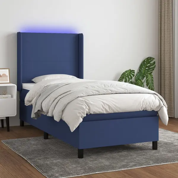 Gossi pat cu arcuri, saltea si led, albastru, 90x200 cm, textil