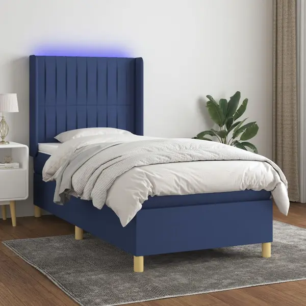 Gossi pat cu arcuri, saltea si led, albastru, 90x200 cm, textil