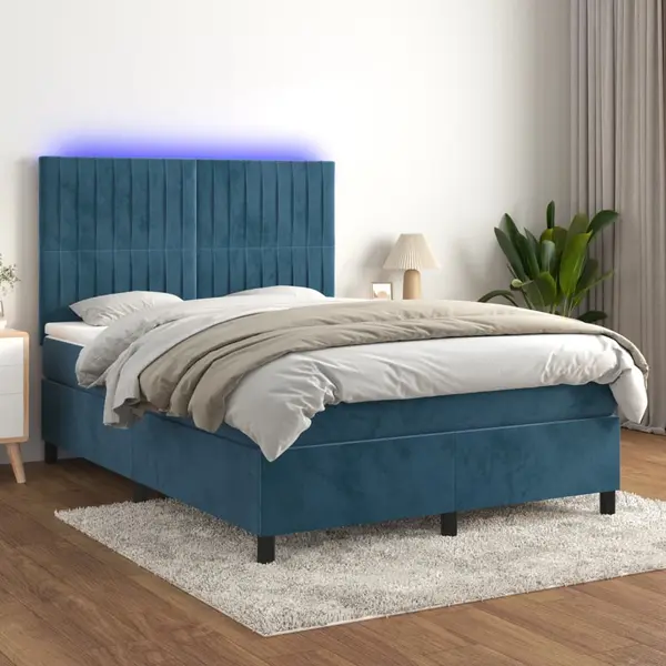 Gossi pat cu arcuri, saltea si led, bleumarin, 140x190 cm, catifea