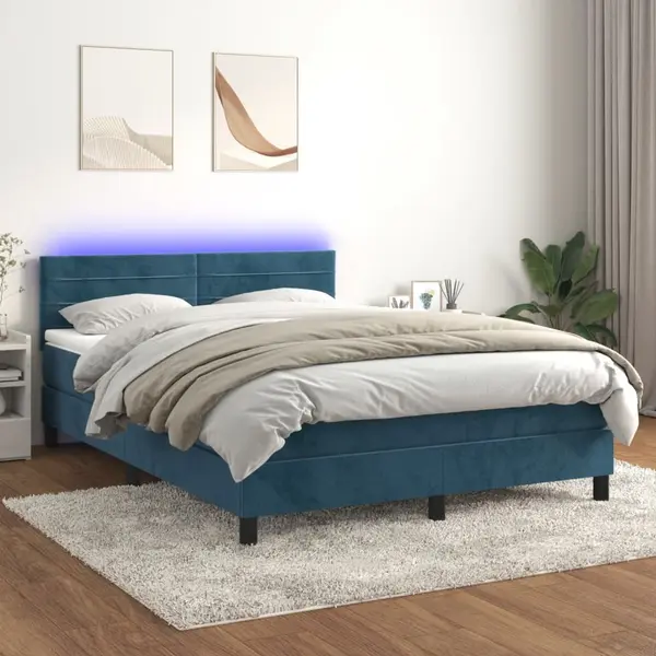 Gossi pat cu arcuri, saltea si led, bleumarin, 140x190 cm, catifea