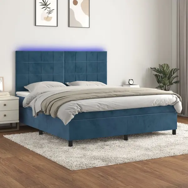 Gossi pat cu arcuri, saltea si led, bleumarin, 160x200 cm, catifea