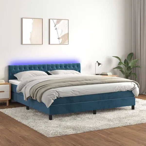 Gossi pat cu arcuri, saltea si led, bleumarin, 160x200 cm, catifea