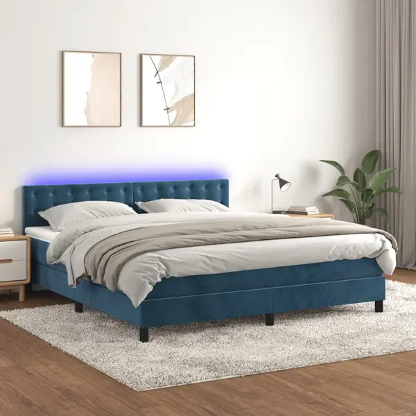 Gossi pat cu arcuri, saltea si led, bleumarin, 160x200 cm, catifea
