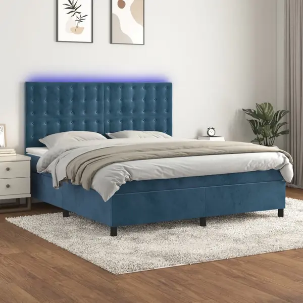 Gossi pat cu arcuri, saltea si led, bleumarin, 160x200 cm, catifea
