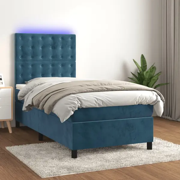 Gossi pat cu arcuri, saltea si led, bleumarin, 90x190 cm, catifea