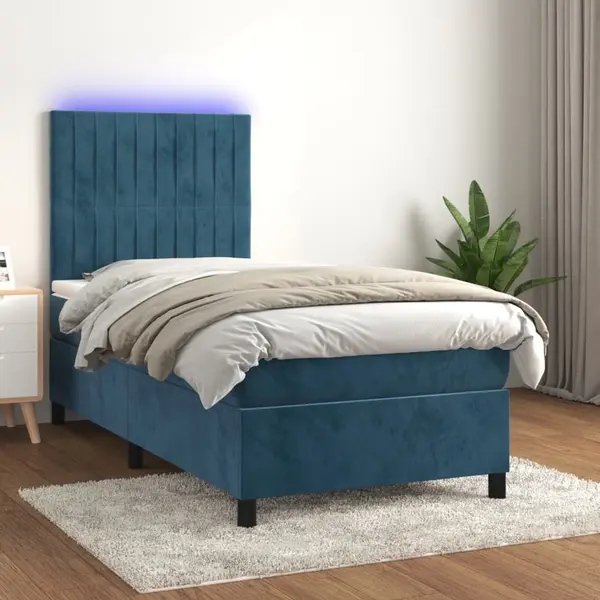 Gossi pat cu arcuri, saltea si led, bleumarin, 90x190 cm, catifea