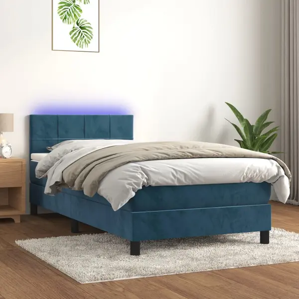 Gossi pat cu arcuri, saltea si led, bleumarin, 90x200 cm, catifea