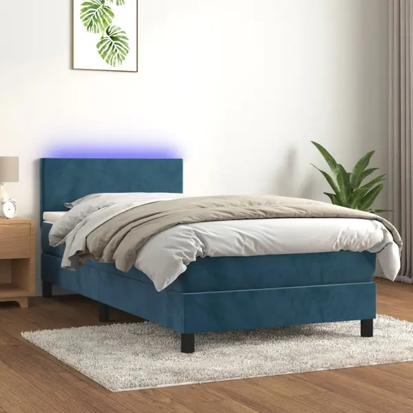 Gossi pat cu arcuri, saltea si led, bleumarin, 90x200 cm, catifea