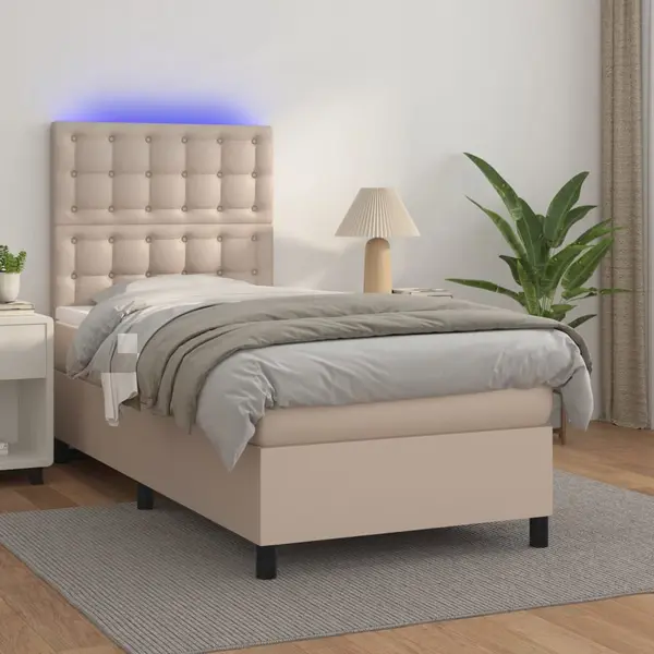 Gossi pat cu arcuri, saltea si led, cappuccino, 90x190 cm, piele eco