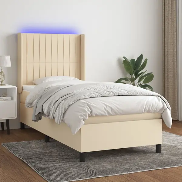 Gossi pat cu arcuri, saltea si led, crem, 100x200 cm, textil