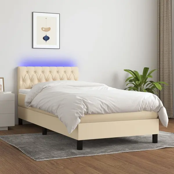 Gossi pat cu arcuri, saltea si led, crem, 100x200 cm, textil