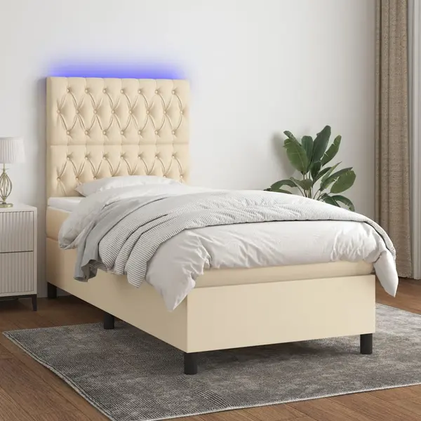 Gossi pat cu arcuri, saltea si led, crem, 100x200 cm, textil