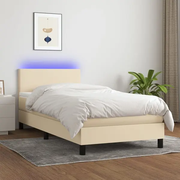 Gossi pat cu arcuri, saltea si led, crem, 100x200 cm, textil