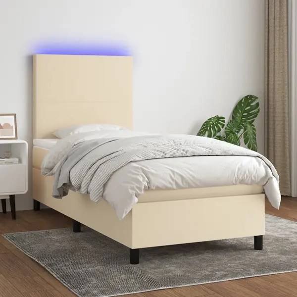 Gossi pat cu arcuri, saltea si led, crem, 100x200 cm, textil