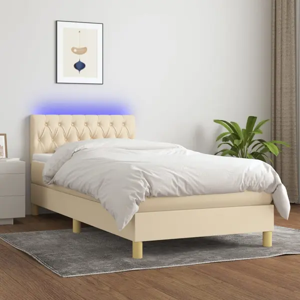 Gossi pat cu arcuri, saltea si led, crem, 100x200 cm, textil