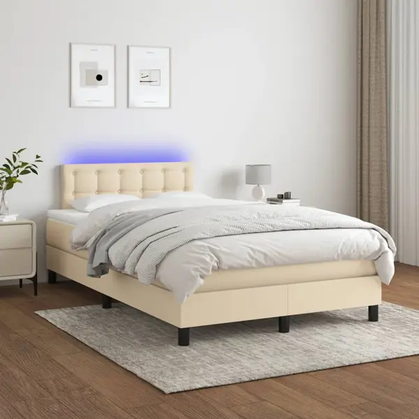 Gossi pat cu arcuri, saltea si led, crem, 120x200 cm, textil