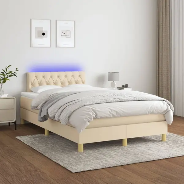 Gossi pat cu arcuri, saltea si led, crem, 120x200 cm, textil