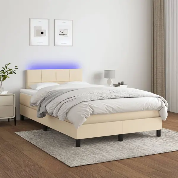 Gossi pat cu arcuri, saltea si led, crem, 120x200 cm, textil