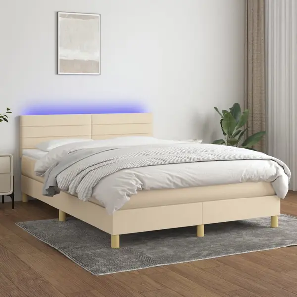 Gossi pat cu arcuri, saltea si led, crem, 140x200 cm, textil