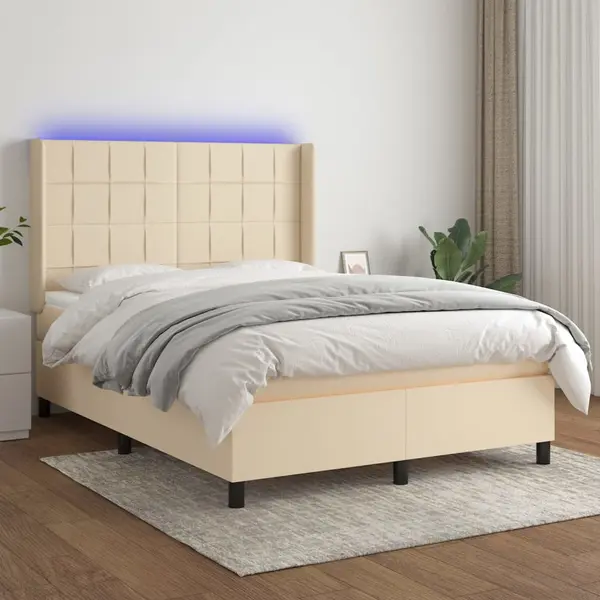 Gossi pat cu arcuri, saltea si led, crem, 140x200 cm, textil