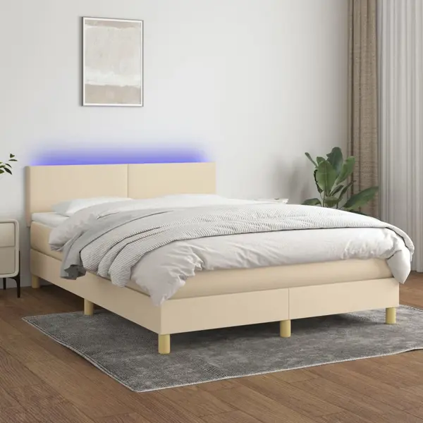 Gossi pat cu arcuri, saltea si led, crem, 140x200 cm, textil
