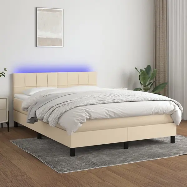 Gossi pat cu arcuri, saltea si led, crem, 140x200 cm, textil