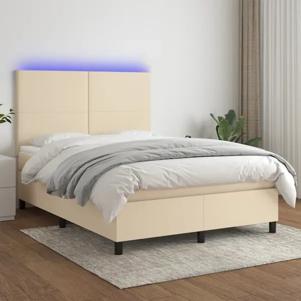 Gossi pat cu arcuri, saltea si led, crem, 140x200 cm, textil