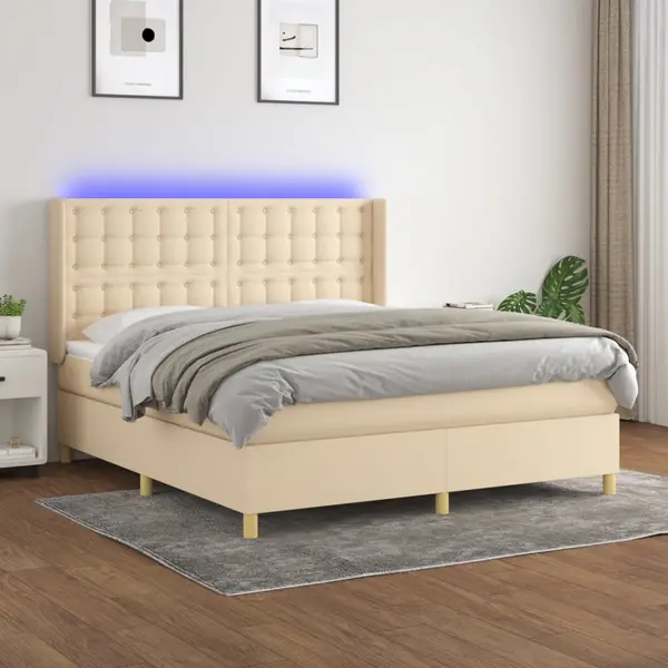 Gossi pat cu arcuri, saltea si led, crem, 160x200 cm, textil