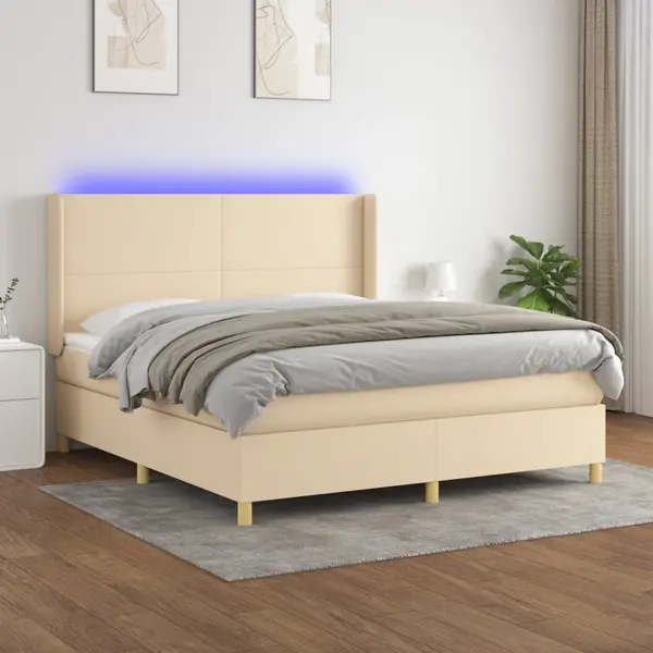 Gossi pat cu arcuri, saltea si led, crem, 160x200 cm, textil